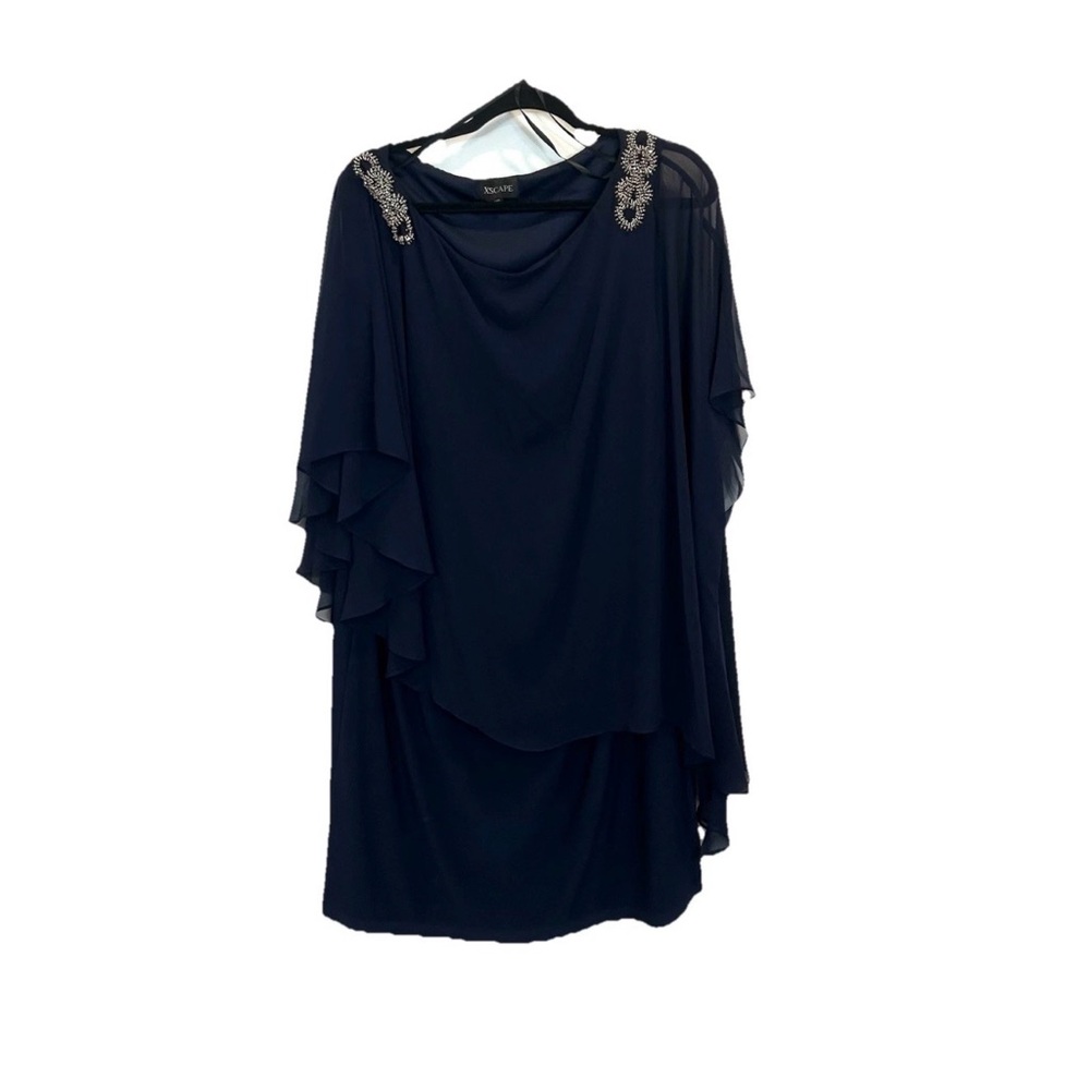 Xscape Navy Asymmetrical Dress with Silver Accents